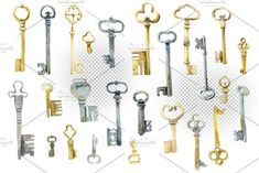 an assortment of old and new keys on a white background with checkered backround