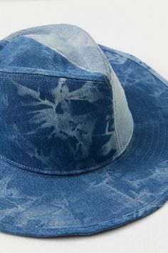 Make a bold statement with this jean-adorned cowboy hat. **Features:** Semi-structured style, washed jean fabrication, dipped crown, wide upturned brim, paneled construction **Why We | Kayce Indigo Cowboy Hat by Free People in Blue Summer Hat With Short Brim And Washed Look, Trendy Denim Brimmed Sun Hat, Dark Wash Denim Hat For Summer, Trendy Brimmed Denim Sun Hat, Summer Denim Hat In Dark Wash, Dark Wash Denim Summer Hat, Trendy Wide Brim Denim Sun Hat, Summer Dark Wash Denim Hats, Pre-washed Short Brim Summer Hats