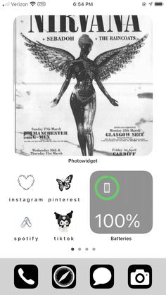 an iphone screen with the text nirvana on it and icons in black and white, as well