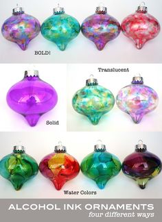 different colored glass ornaments are shown in this set, including one ornament and the other