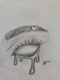 a pencil drawing of a pair of eyelashes with dripping liquid on it's side