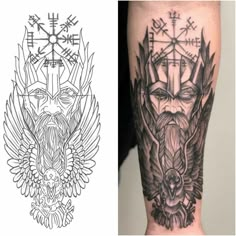 two different tattoos on the same arm and one with an image of a demon head