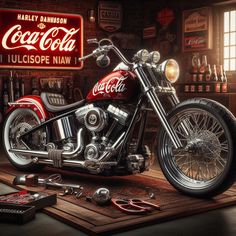 a red and black motorcycle sitting on top of a wooden floor next to a coca cola sign