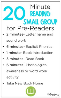 the 20 minute reading small group for pre - readers with text overlaying it