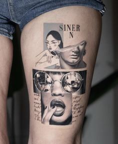 a woman's thigh with pictures and words on it, including an image of a man