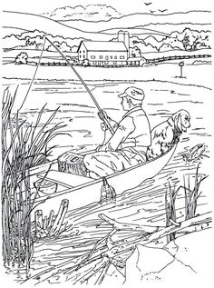 a man and his dog are in a boat on the river coloring pages for adults