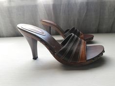 "Measurements: Heel 9.5 cm / 3.7\" Length of insole 25 cm / 9.8\" We send our products from Latvia via post 1-3 days after payment (does not apply to individual orders). It takes about 4-10 business days for the package to be delivered to its destination (depends on country)." Fitted Brown Vintage Heels, Vintage Brown Evening Heels, Brown Mules With 4-inch Heel For Party, Vintage Brown High Heel Mules, Brown T-strap Heels With Buckle Closure, Brown Womens Shoes, Clogs And Mules, Clogs Shoes, Clogs