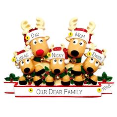 Personalized Reindeer Family of 5 with Banner Ornament Christmas Table Toppers, Grandparents Christmas, Personalized Christmas Ornaments Family, Christmas Message, Family Of 5, Ornament Tree, Reindeer Ornaments, Family Christmas Ornaments, Family Ornament