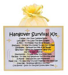 a hangover survival kit with a yellow bow on it's head and the words hangover survival written below