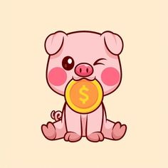 a cartoon pig holding a coin in it's mouth with the word $ written on it