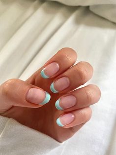 Light Blue French Tips, Short Stiletto Nails, Chloe Nails, Short Stiletto, Usa Nails, Sitting Together, Blue French Tips