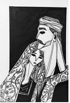 a black and white drawing of two women wearing headdress, one with her hands on her face