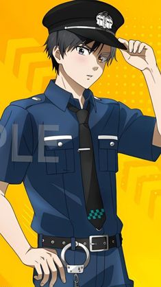 an anime character wearing a police uniform and holding his hand on his head with the other hand