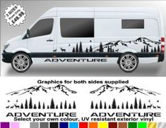 the van is white with black trees and mountains on it's side, along with color swatches