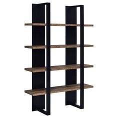 the bookcase is made out of wood and black metal, with three shelves on each side