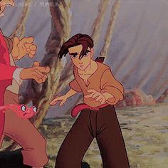 two cartoon characters are in the middle of an action scene, one is pointing at another character