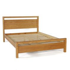 a wooden bed frame with no headboard and foot board on the bottom side, against a white background