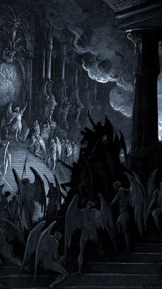 an old painting shows people in the middle of a dark room, surrounded by demonic creatures