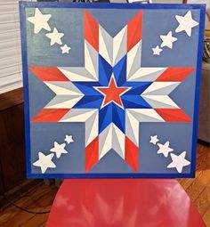 a red, white and blue star is on display