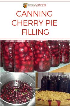 canning cherry pie filling in mason jars with text overlay reading canning cherry pie filling