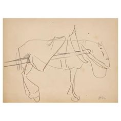 a drawing of a horse is shown in black ink on beige paper, with lines drawn across it