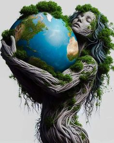 a woman holding the earth in her hands with trees growing out of it's sides