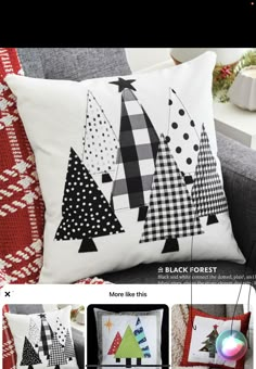 the pillow is decorated with christmas trees and other holiday decorating items in black and white