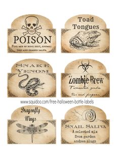 six different labels for various types of items in the form of skulls, bones and other things