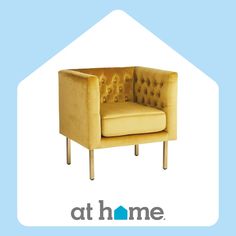 a yellow chair sitting on top of a blue and white background with the words at home above it