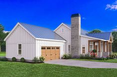 this is an artist's rendering of a modern farmhouse style home with two garages