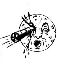 a black and white drawing of a moon with a telescope in it's mouth