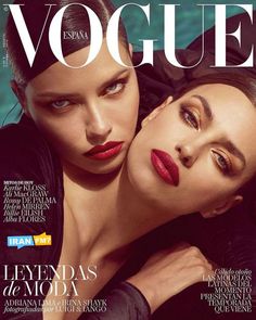 two women with red lipstick on the cover of a magazine, one is laying her head on another woman's shoulder