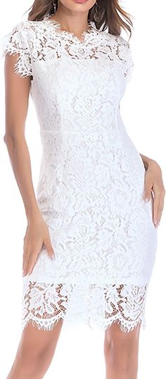 This Scalloped White Embroidered Lace Short Sleeve Mini Dress is crafted from lightweight and comfortable fabric. Its exquisite design features scalloped lace and intricate embroidery, making it a perfect addition to your wardrobe. Ideal for many occasions, it's a great piece to look and feel fabulous. 100% Polyester Imported Zipper closure Hand Wash Only Brand Size Dress Bust Waist Hip XS 0-2 31-32.5'' 23-24'' 31-34" S 4-6 33-35'' 25-26'' 35-37" M 8-10 35-36'' 27-28'' 38-39" L 12-14 38-40'' 29- Elegant Mini Dress With Scalloped Edges, Fitted Lace Work Dresses, Lace Mini Dress With Scalloped Edges, Lace Dress With Scalloped Edges And Mini Length, Fitted Lace Patchwork Dress, Fitted Lace Sheath Dress, Sleeveless Mini Dress With Delicate Lace, Elegant Fitted Scalloped Lace, White Scalloped Lace Sleeveless