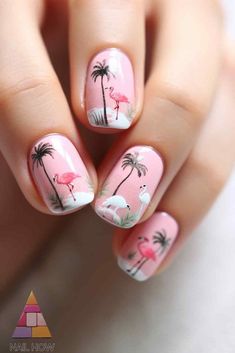 Beach sunset nails with pink flamingos and palm trees - vibrant pink summer nail designs capture a tropical vibe. Find more at nailhow.com. Flamingo Nails Designs, Nails Flamingo, Flamingo Manicure, Flamingo On Nails, Palm Tree And Flamingo Nails, Bright Nails With Palm Trees, Flamingo Nails