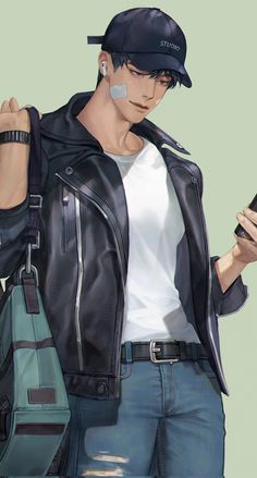 a drawing of a man in a leather jacket holding a cell phone and a bag