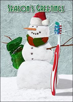 a snowman holding a toothbrush in front of a green background with the words season's greetings