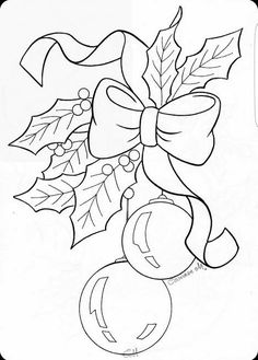 a christmas ornament with holly leaves and bells on the top is outlined in black ink