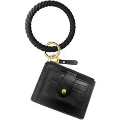 a black leather keychain with a gold ring hanging from it's side