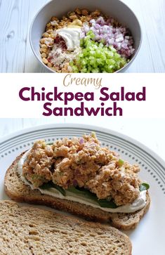 chicken salad sandwich on a white plate next to a bowl of vegetables