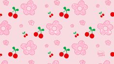 a pink wallpaper with cherries and hearts on the bottom, along with cherry blossoms