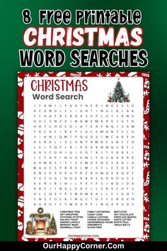 a christmas word search is shown with the text 8 free printable christmas word searches