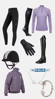 several different types of equestrian clothing and accessories