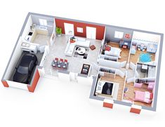 an overhead view of a two bedroom apartment with living room, dining area and kitchen