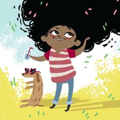 an illustration of a girl with her hair blowing in the wind next to a dog