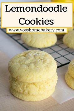 stack of baked lemon cookies. A cooling tray with cookies in the background Lazy Cookies Recipe, Chewy Lemon Cookies Recipes, Lemondoodle Cookies, Thick Lemon Cookies, Soft Lemon Sugar Cookies, Must Try Cookie Recipes, Lemon Doodle Cookies, Tart Lemon Cookies, Cookie Recipes Unique Easy