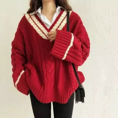 Oversize Sweet Women Sweaters Long Sleeve V Neck Vintage Lazy Wind Knitted Red Outfits Idea, Red Winter Outfits Aesthetic, Red Clothes Casual, Red And Cream Outfit, Red Outfit Ideas Casual, Red Cute Outfits, Red Sweater Aesthetic, Red Outfits Casual, Red Clothing Aesthetic