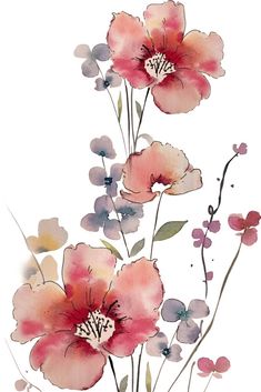 watercolor painting of pink flowers on white background