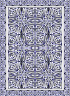 a blue and white abstract design with an intricate flower pattern on the bottom half of it