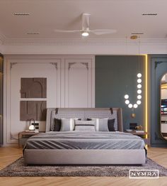 a large bed sitting in the middle of a living room next to a mirror and lamp