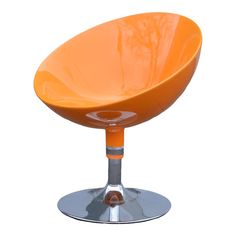 an orange chair sitting on top of a metal base